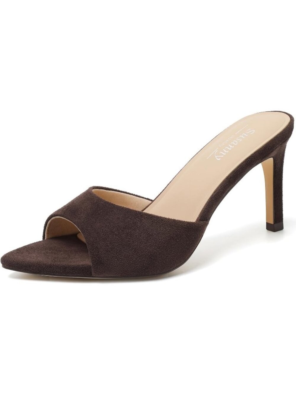 Women's Coffee Suede Summer Mule High Heel Slip on Pointed Open Toe Sexy Heeled